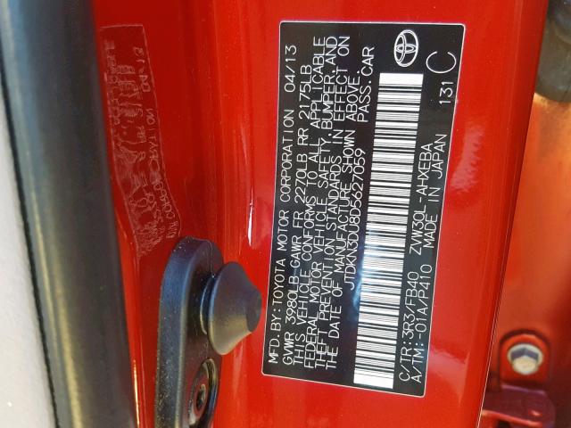 JTDKN3DU8D5627059 - 2013 TOYOTA PRIUS RED photo 10