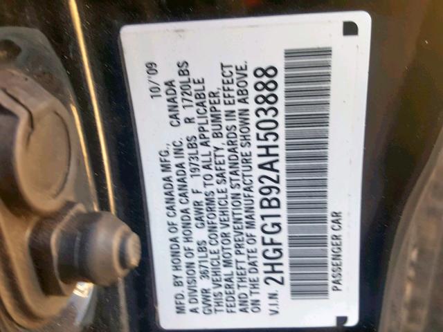 2HGFG1B92AH503888 - 2010 HONDA CIVIC EXL BLACK photo 10