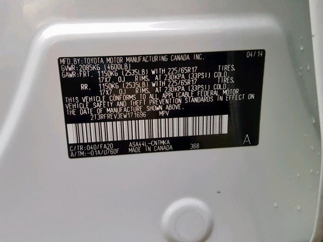 2T3RFREV3EW171696 - 2014 TOYOTA RAV4 XLE 白色 照片 10