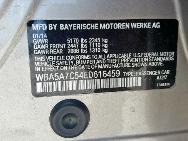 WBA5A7C54ED616459 - 2014 BMW 528 XI SILVER photo 10