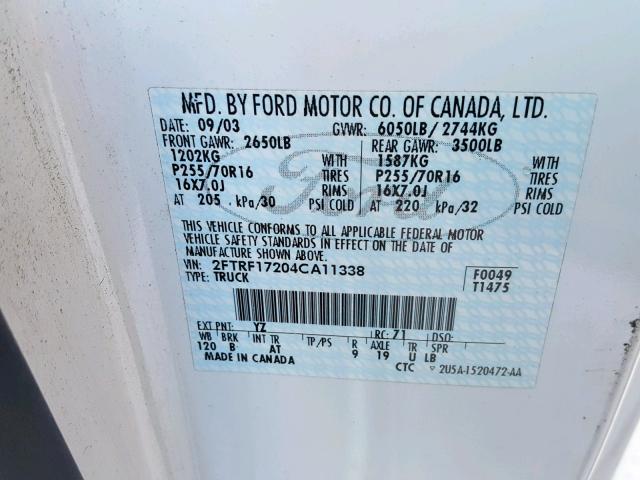 2FTRF17204CA11338 - 2004 FORD F-150 HERI WHITE photo 10