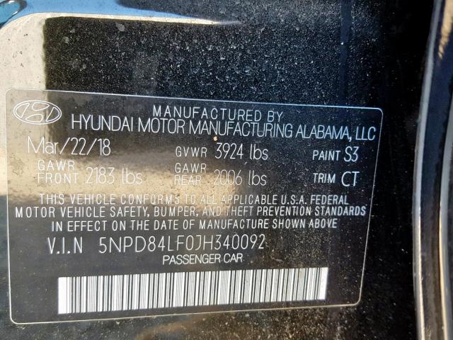 5NPD84LF0JH340092 - 2018 HYUNDAI ELANTRA SE BLACK photo 10