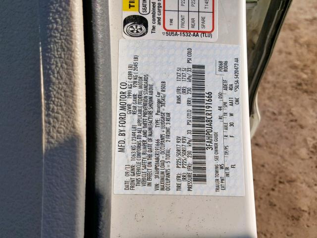 3FAHP0JA8CR191666 - 2012 FORD FUSION SEL WHITE photo 10