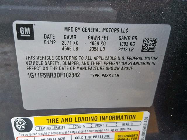 1G11F5RR3DF102342 - 2013 CHEVROLET MALIBU ECO 灰色 照片 10