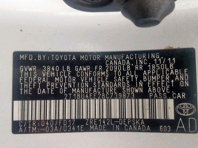 2T1BU4EE2BC739873 - 2011 TOYOTA COROLLA BA 白色 照片 10
