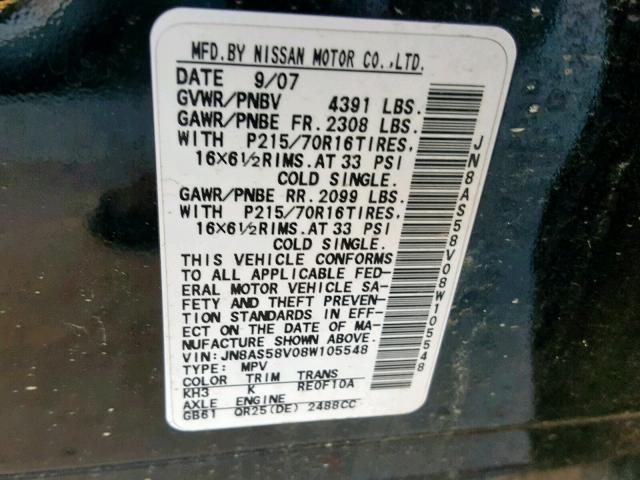 JN8AS58V08W105548 - 2008 NISSAN ROGUE S BLACK photo 10