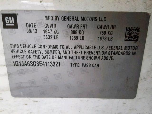 1G1JA6SG3E4113321 - 2014 CHEVROLET SONIC LS 白色 照片 10