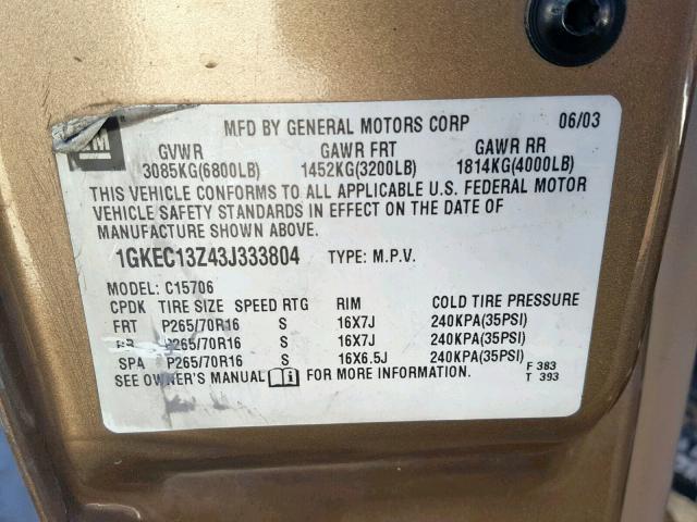 1GKEC13Z43J333804 - 2003 GMC YUKON GOLD photo 10