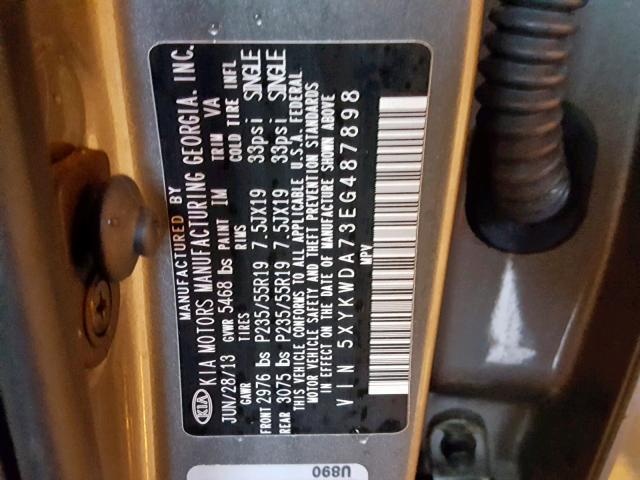 5XYKWDA73EG487898 - 2014 KIA SORENTO SX GRAY photo 10