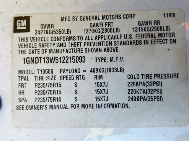 1GNDT13W512215093 - 2001 CHEVROLET BLAZER WHITE photo 10