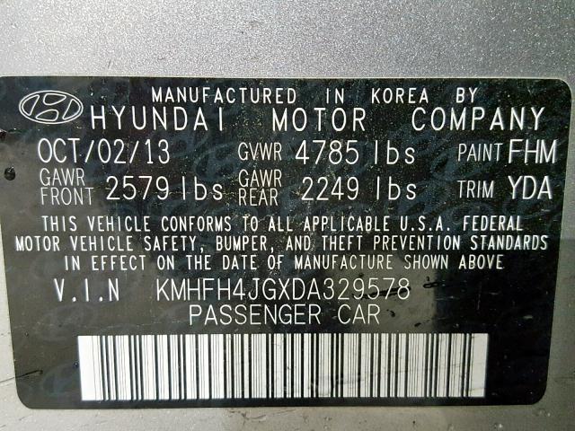 KMHFH4JGXDA329578 - 2013 HYUNDAI AZERA GLS SILVER photo 10