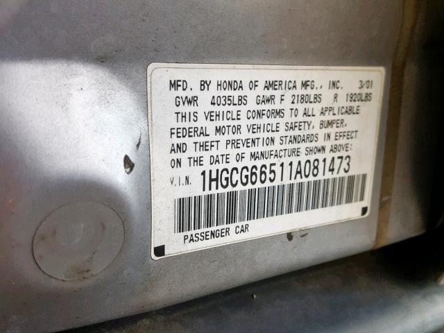 1HGCG66511A081473 - 2001 HONDA ACCORD LX SILVER photo 10