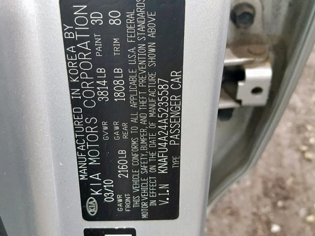 KNAFU4A24A5235587 - 2010 KIA FORTE EX SILVER photo 10