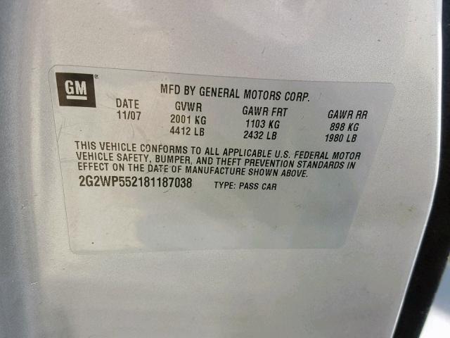 2G2WP552181187038 - 2008 PONTIAC GRAND PRIX 灰色 照片 10