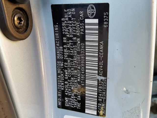 4T1BE46K89U853340 - 2009 TOYOTA CAMRY BASE 蓝色 照片 10