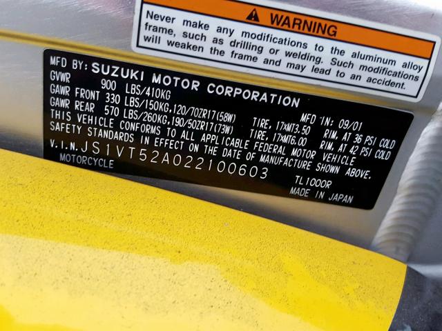 JS1VT52A022100603 - 2002 SUZUKI TL1000 R YELLOW photo 10