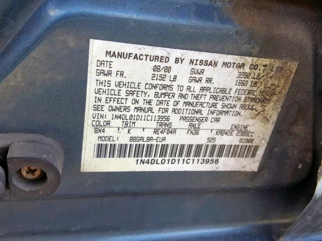 1N4DL01D11C113956 - 2001 NISSAN ALTIMA XE BLUE photo 10