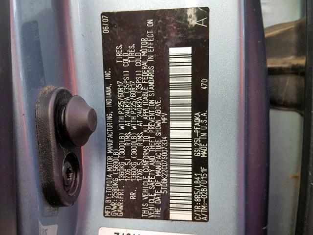 5TDBK22C07S007334 - 2007 TOYOTA SIENNA XLE BLUE photo 10