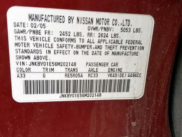 JNKBY01E56M202148 - 2006 INFINITI M45 BASE RED photo 10