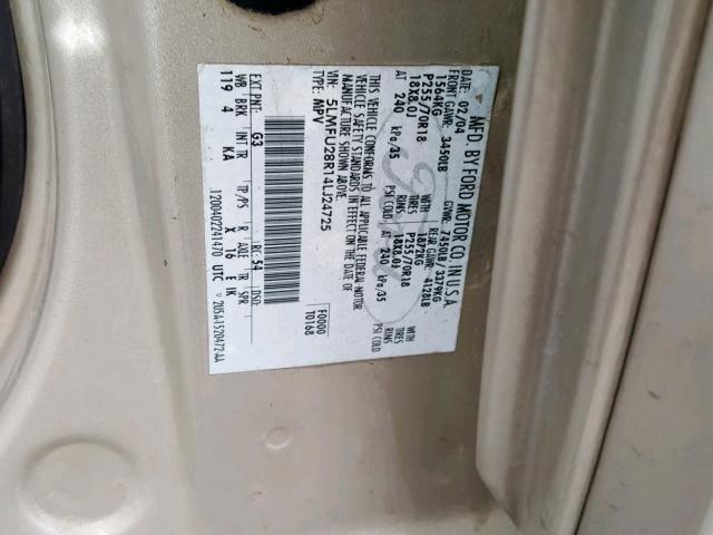 5LMFU28R14LJ24725 - 2004 LINCOLN NAVIGATOR 金色 照片 10