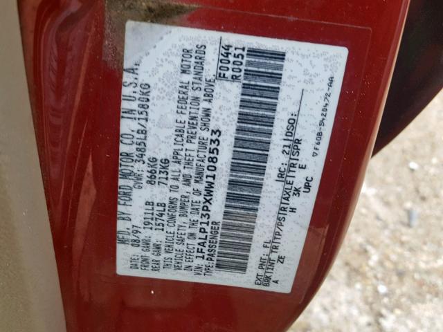 1FALP13PXWW108533 - 1998 FORD ESCORT SE 勃艮第红 照片 10