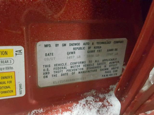KL1TD56688B103121 - 2008 CHEVROLET AVEO BASE Qırmızı foto 10