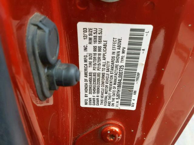 5J6YH18684L000725 - 2004 HONDA ELEMENT EX ORANGE photo 10