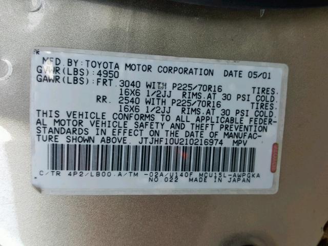 JTJHF10U210216974 - 2001 LEXUS RX 300 GOLD photo 10