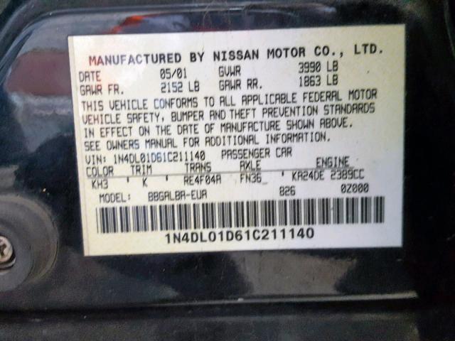 1N4DL01D61C211140 - 2001 NISSAN ALTIMA XE BLACK photo 10