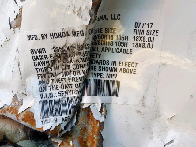 5FNYF6H55HB054573 - 2017 HONDA PILOT EXL WHITE photo 10