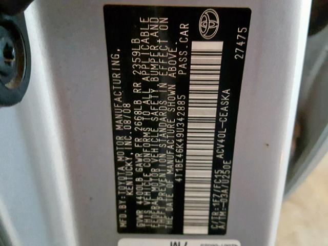 4T1BE46K49U342885 - 2009 TOYOTA CAMRY BASE SILVER photo 10