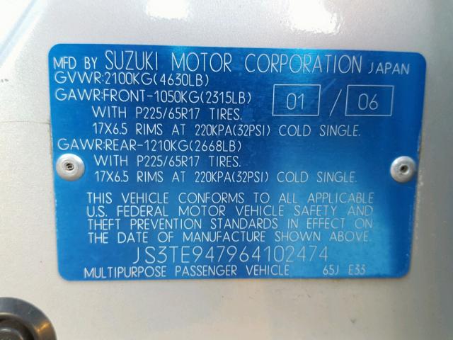 JS3TE947964102474 - 2006 SUZUKI GRAND VITA SILVER photo 10