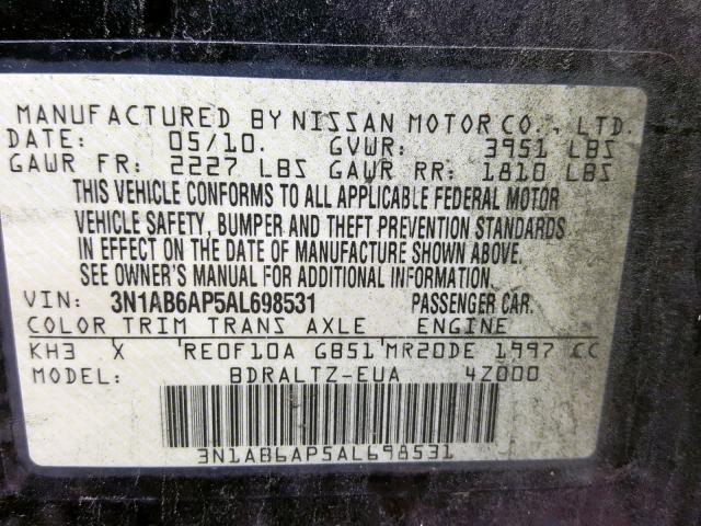 3N1AB6AP5AL698531 - 2010 NISSAN SENTRA 2.0 BLACK photo 10