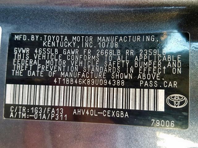 4T1BB46K89U094388 - 2009 TOYOTA CAMRY HYBR GRAY photo 10