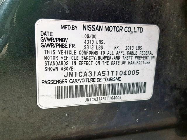 JN1CA31A51T104005 - 2001 NISSAN MAXIMA GXE GRAY photo 10