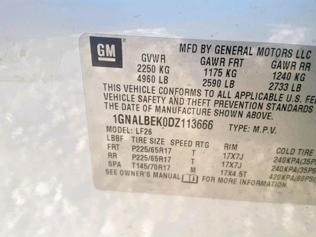 1GNALBEK0DZ113666 - 2013 CHEVROLET EQUINOX LS WHITE photo 10