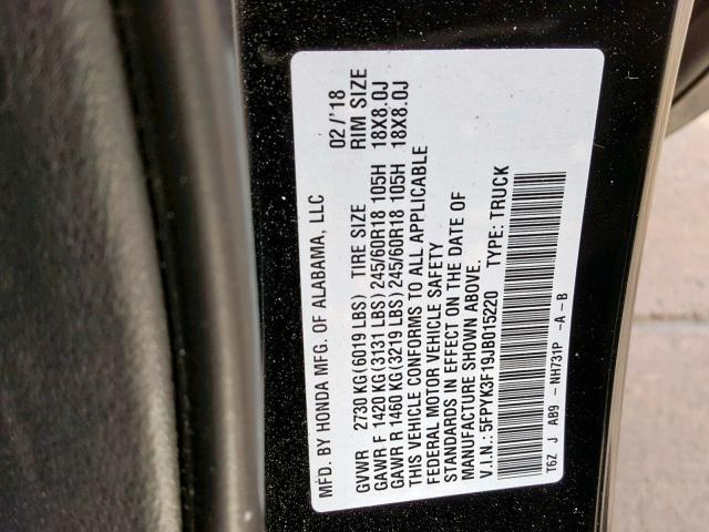 5FPYK3F19JB015220 - 2018 HONDA RIDGELINE BLACK photo 10