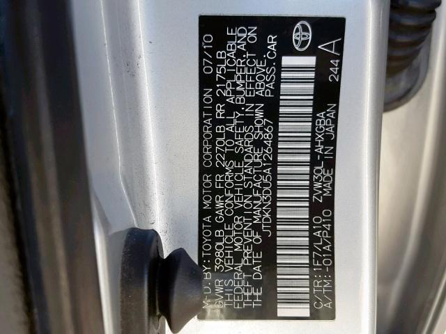 JTDKN3DU5A1264867 - 2010 TOYOTA PRIUS SILVER photo 10