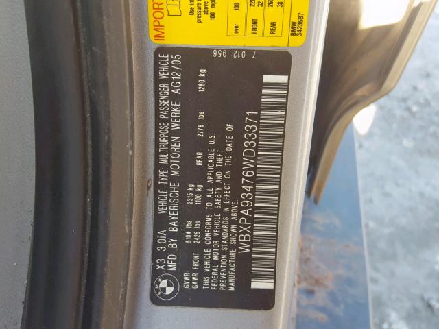 WBXPA93476WD33371 - 2006 BMW X3 3.0I GRAY photo 10