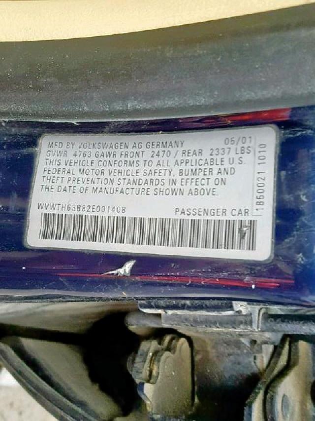 WVWTH63B82E001408 - 2002 VOLKSWAGEN PASSAT GLX BLUE photo 10