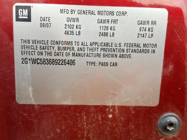 2G1WC583689226406 - 2008 CHEVROLET IMPALA LT RED photo 10