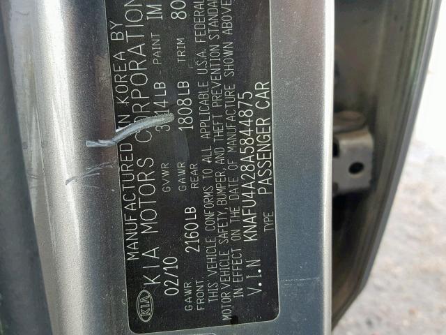 KNAFU4A28A5844875 - 2010 KIA FORTE EX GRAY photo 10