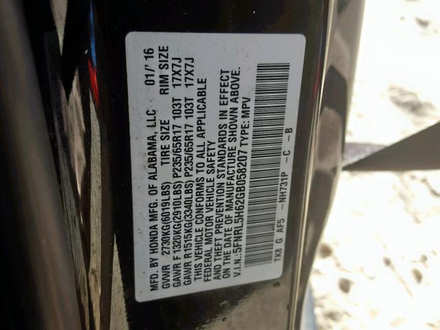 5FNRL5H62GB058207 - 2016 HONDA ODYSSEY EX BLACK photo 10