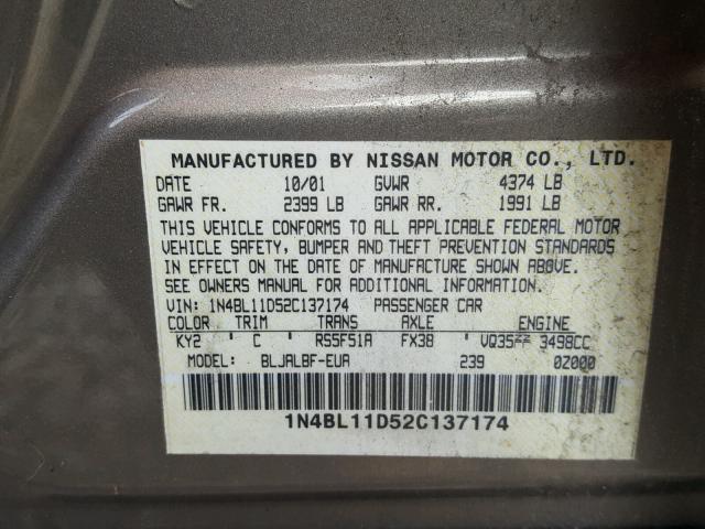 1N4BL11D52C137174 - 2002 NISSAN ALTIMA SE TAN photo 10