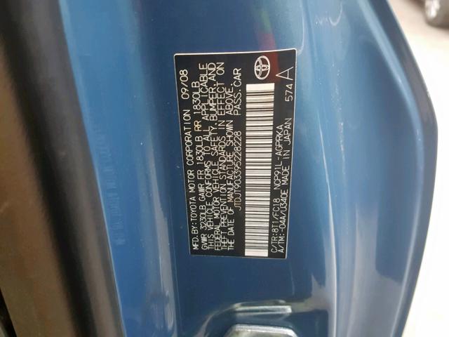 JTDJT903395228228 - 2009 TOYOTA YARIS BLUE photo 10