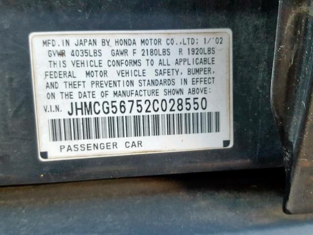 JHMCG56752C028550 - 2002 HONDA ACCORD SE BLACK photo 10