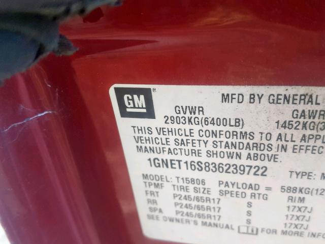 1GNET16S836239722 - 2003 CHEVROLET TRAILBLAZE RED photo 10