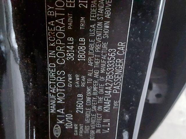 KNAFU4A27B5333563 - 2011 KIA FORTE EX BLACK photo 10