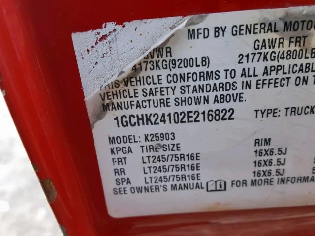 1GCHK24102E216822 - 2002 CHEVROLET SILVERADO RED photo 10