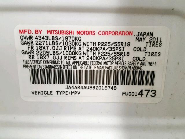 JA4AR4AU8BZ016748 - 2011 MITSUBISHI OUTLANDER WHITE photo 10